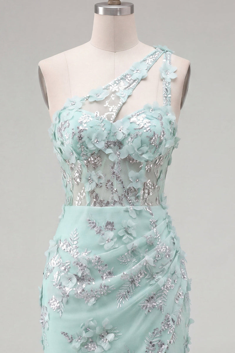 Laden Sie das Bild in den Galerie-Viewer, Mint Einschulter Korsett Floraler Bodycon Appliquiertes Kurzes Abendkleid mit Schlitz