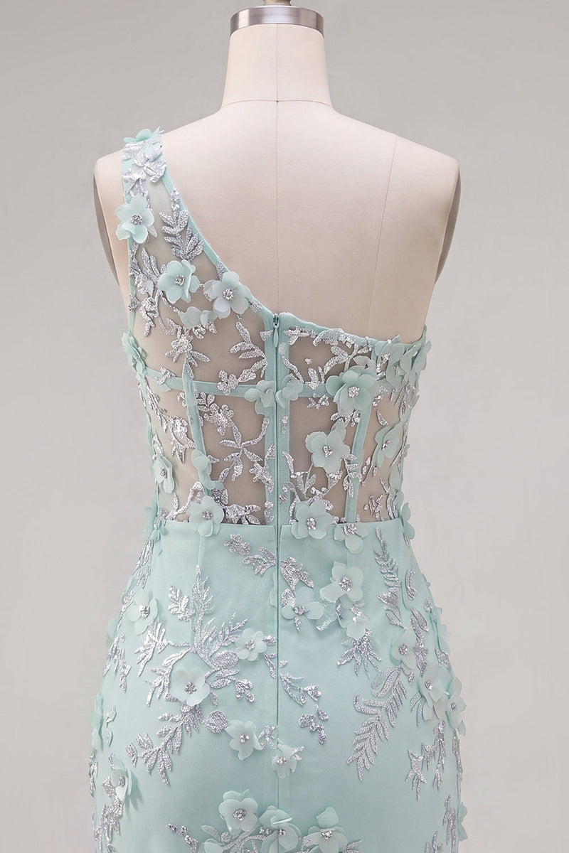 Laden Sie das Bild in den Galerie-Viewer, Mint Einschulter Korsett Floraler Bodycon Appliquiertes Kurzes Abendkleid mit Schlitz