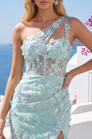 Laden Sie das Bild in den Galerie-Viewer, Mint Einschulter Korsett Floraler Bodycon Appliquiertes Kurzes Abendkleid mit Schlitz