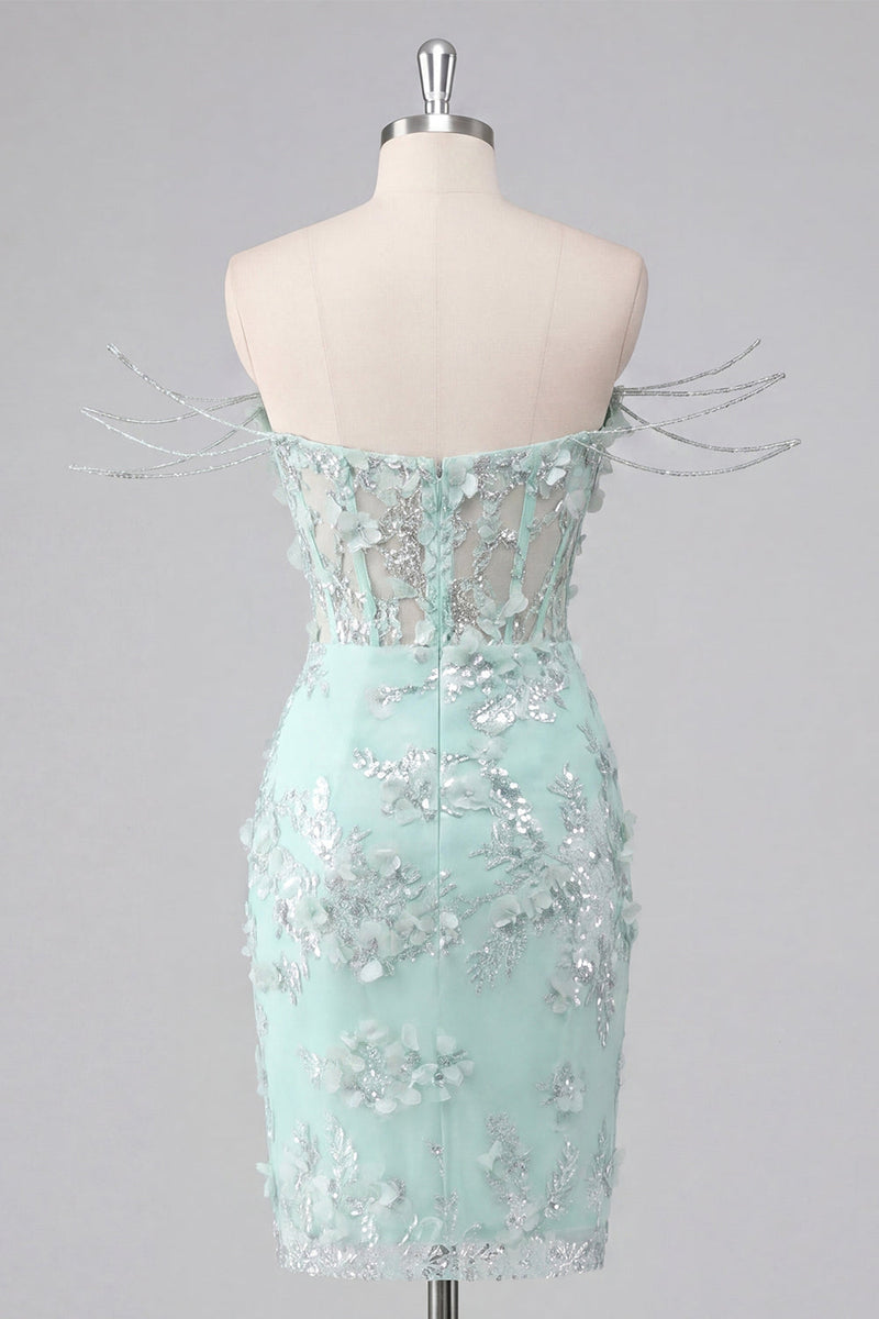 Laden Sie das Bild in den Galerie-Viewer, Mintgrünes Schulterblütiges Korsett Bodycon Appliquiertes Kurzes Abendkleid mit Schlitz