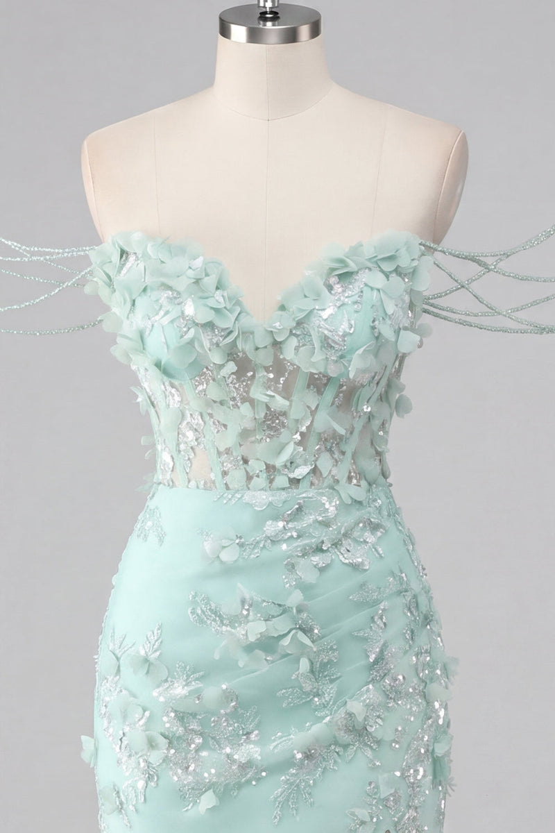 Laden Sie das Bild in den Galerie-Viewer, Mintgrünes Schulterblütiges Korsett Bodycon Appliquiertes Kurzes Abendkleid mit Schlitz