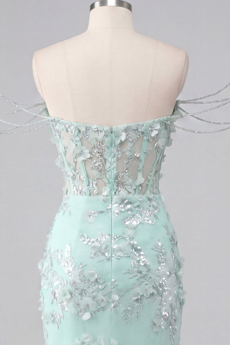 Laden Sie das Bild in den Galerie-Viewer, Mintgrünes Schulterblütiges Korsett Bodycon Appliquiertes Kurzes Abendkleid mit Schlitz