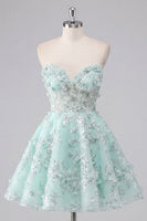 Laden Sie das Bild in den Galerie-Viewer, A-Linie Mint Blumen Sweetheart Korsett Applikiertes Kurzes Abendkleid