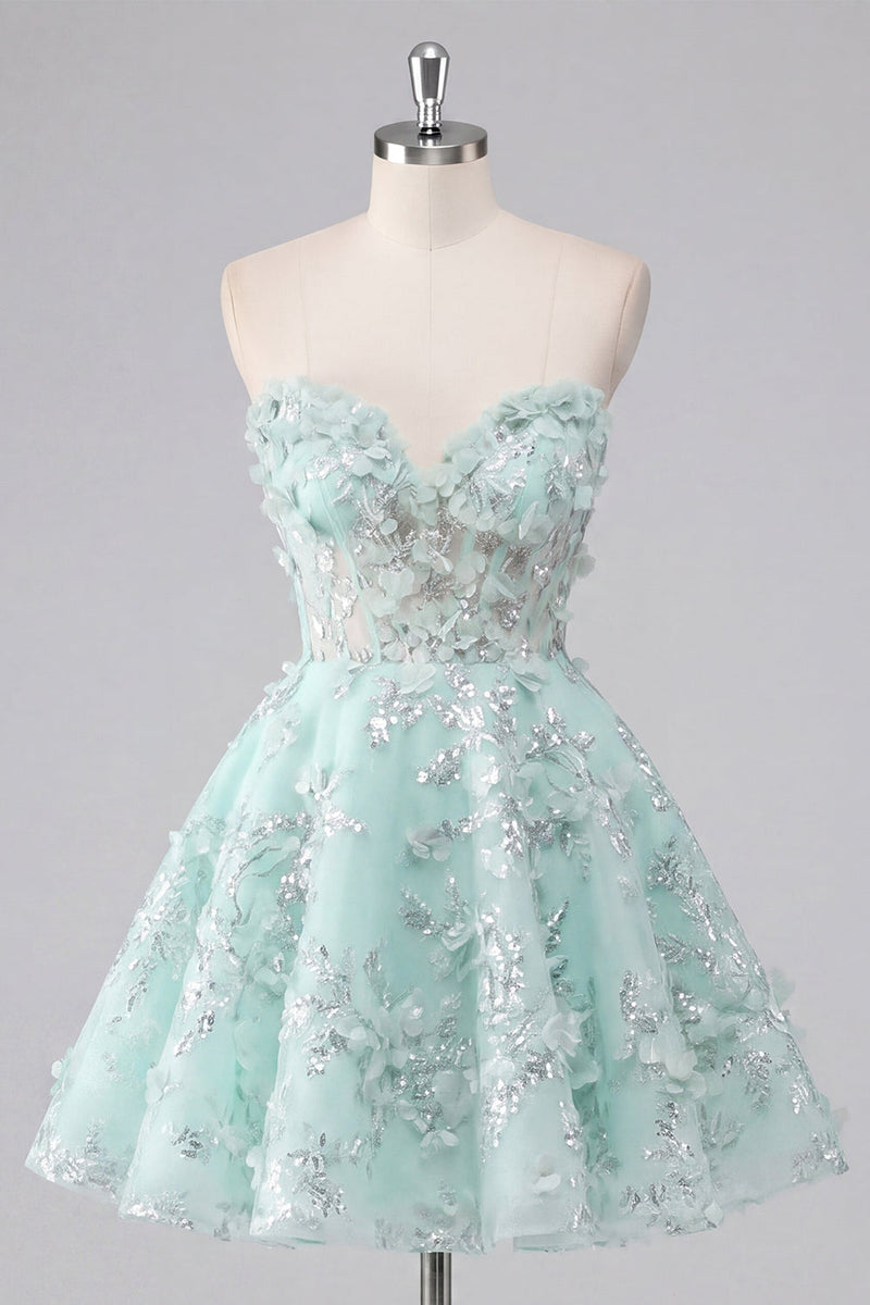 Laden Sie das Bild in den Galerie-Viewer, A-Linie Mint Blumen Sweetheart Korsett Applikiertes Kurzes Abendkleid