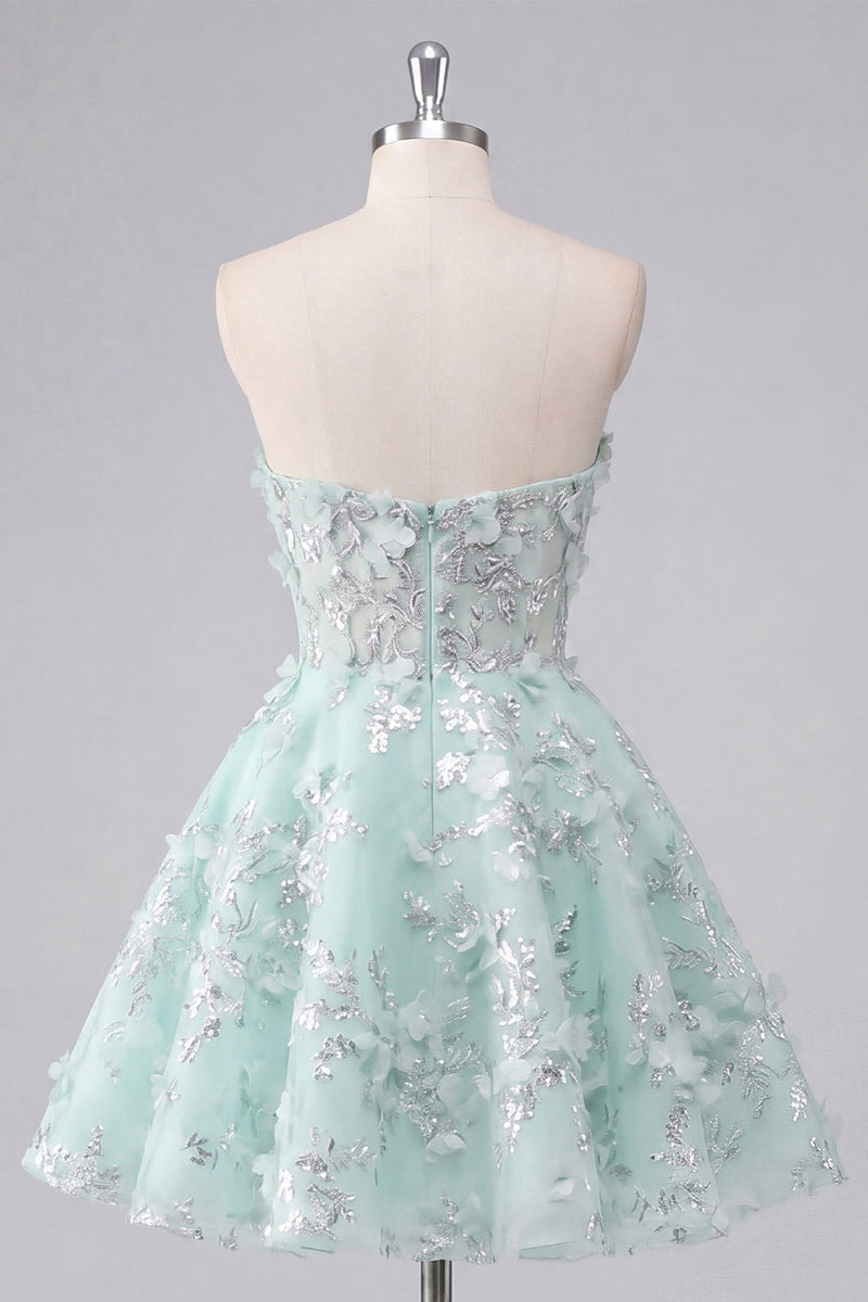 Laden Sie das Bild in den Galerie-Viewer, A-Linie Mint Blumen Sweetheart Korsett Applikiertes Kurzes Abendkleid