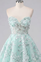 Laden Sie das Bild in den Galerie-Viewer, A-Linie Mint Blumen Sweetheart Korsett Applikiertes Kurzes Abendkleid