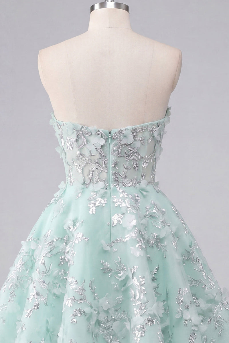 Laden Sie das Bild in den Galerie-Viewer, A-Linie Mint Blumen Sweetheart Korsett Applikiertes Kurzes Abendkleid