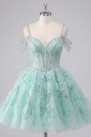 Laden Sie das Bild in den Galerie-Viewer, A-Line Mint Cold-Shoulder Blumen Korsett Kurzes Abendkleid