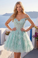 Laden Sie das Bild in den Galerie-Viewer, A-Line Mint Cold-Shoulder Blumen Korsett Kurzes Abendkleid