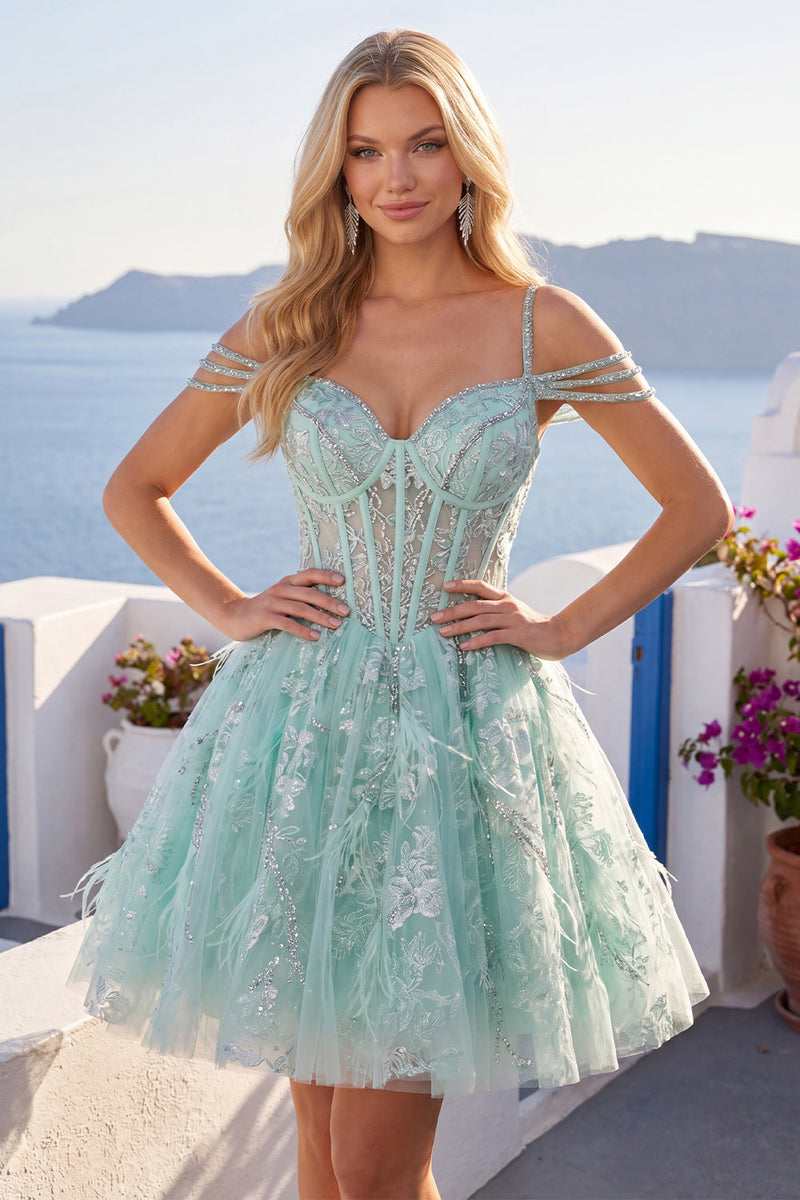 Laden Sie das Bild in den Galerie-Viewer, A-Line Mint Cold-Shoulder Blumen Korsett Kurzes Abendkleid