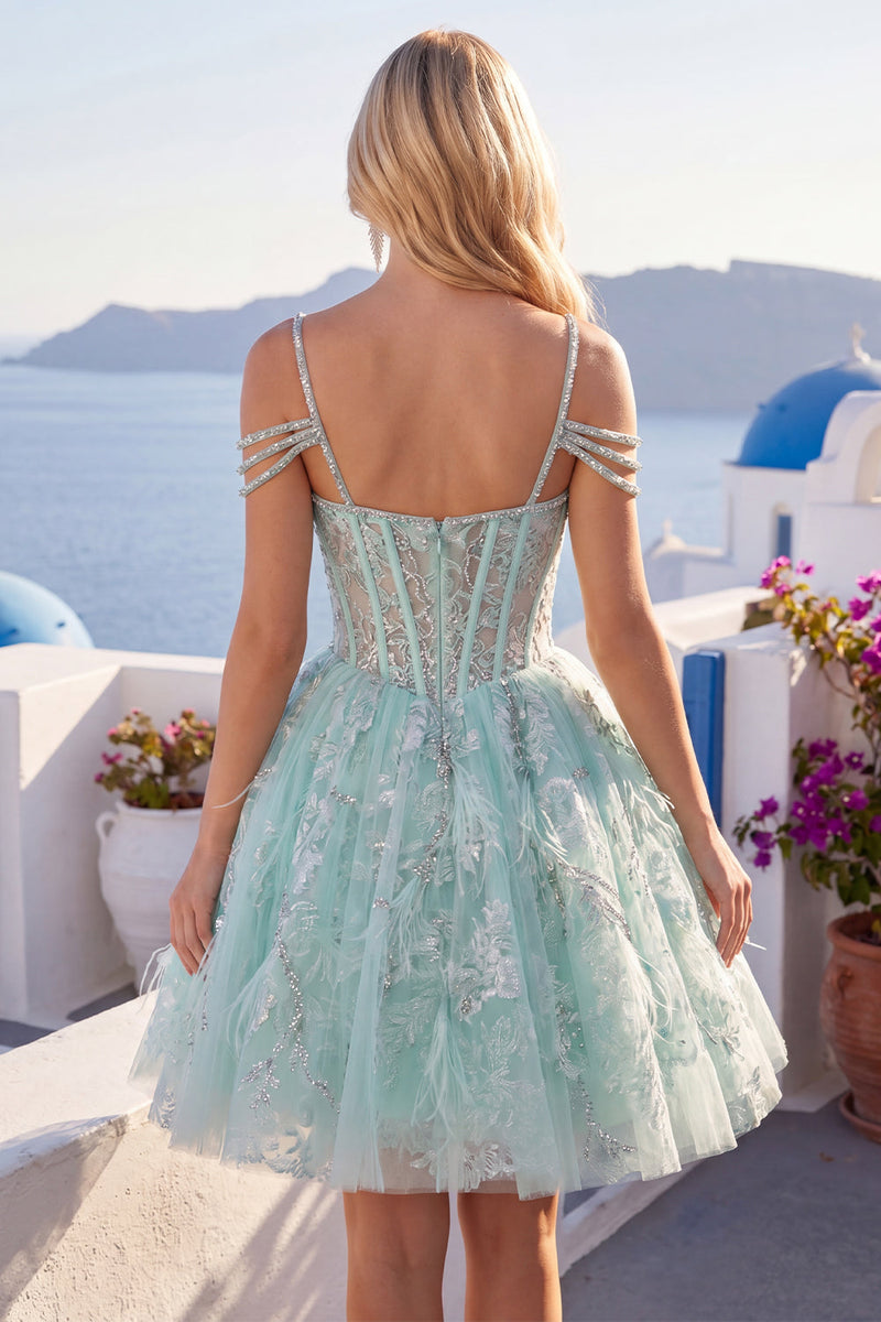 Laden Sie das Bild in den Galerie-Viewer, A-Line Mint Cold-Shoulder Blumen Korsett Kurzes Abendkleid