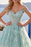 Laden Sie das Bild in den Galerie-Viewer, A-Line Mint Cold-Shoulder Blumen Korsett Kurzes Abendkleid