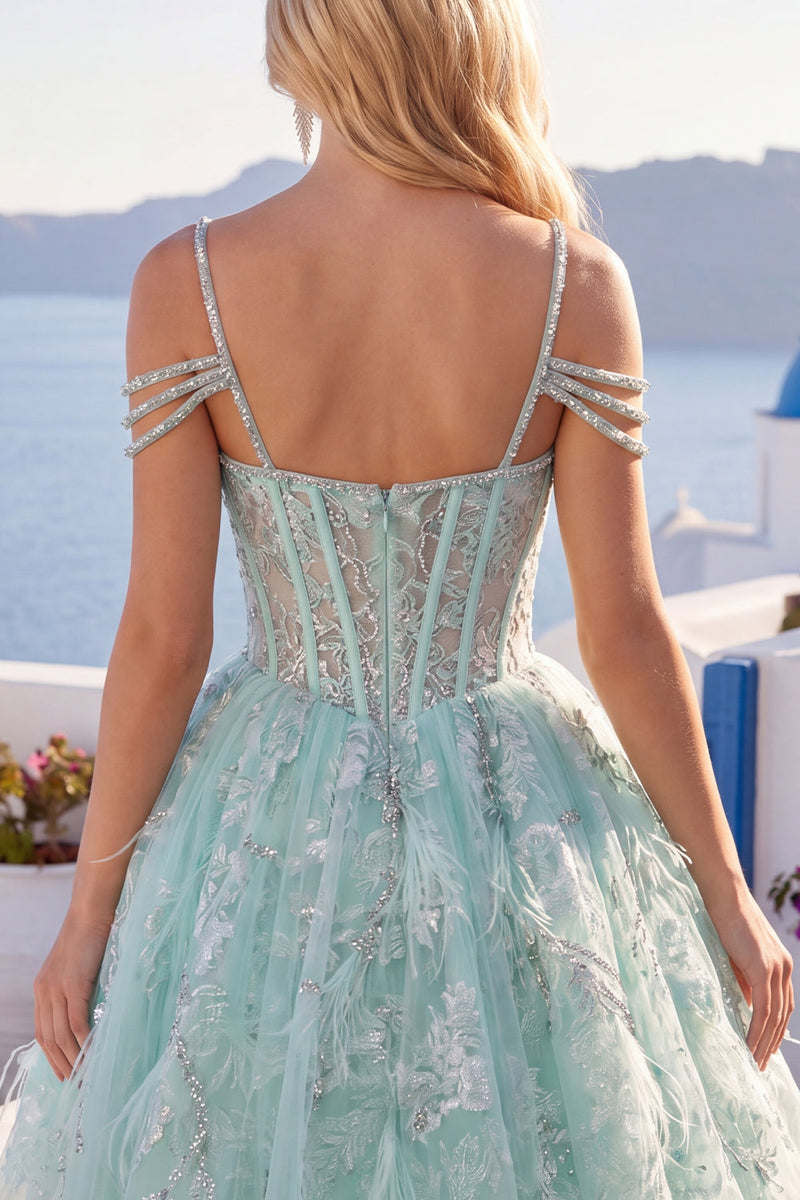 Laden Sie das Bild in den Galerie-Viewer, A-Line Mint Cold-Shoulder Blumen Korsett Kurzes Abendkleid