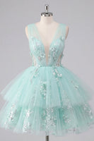 Laden Sie das Bild in den Galerie-Viewer, A-Linie Mint V-Ausschnitt Tüll Kurzes Abendkleid mit Blumenapplikation