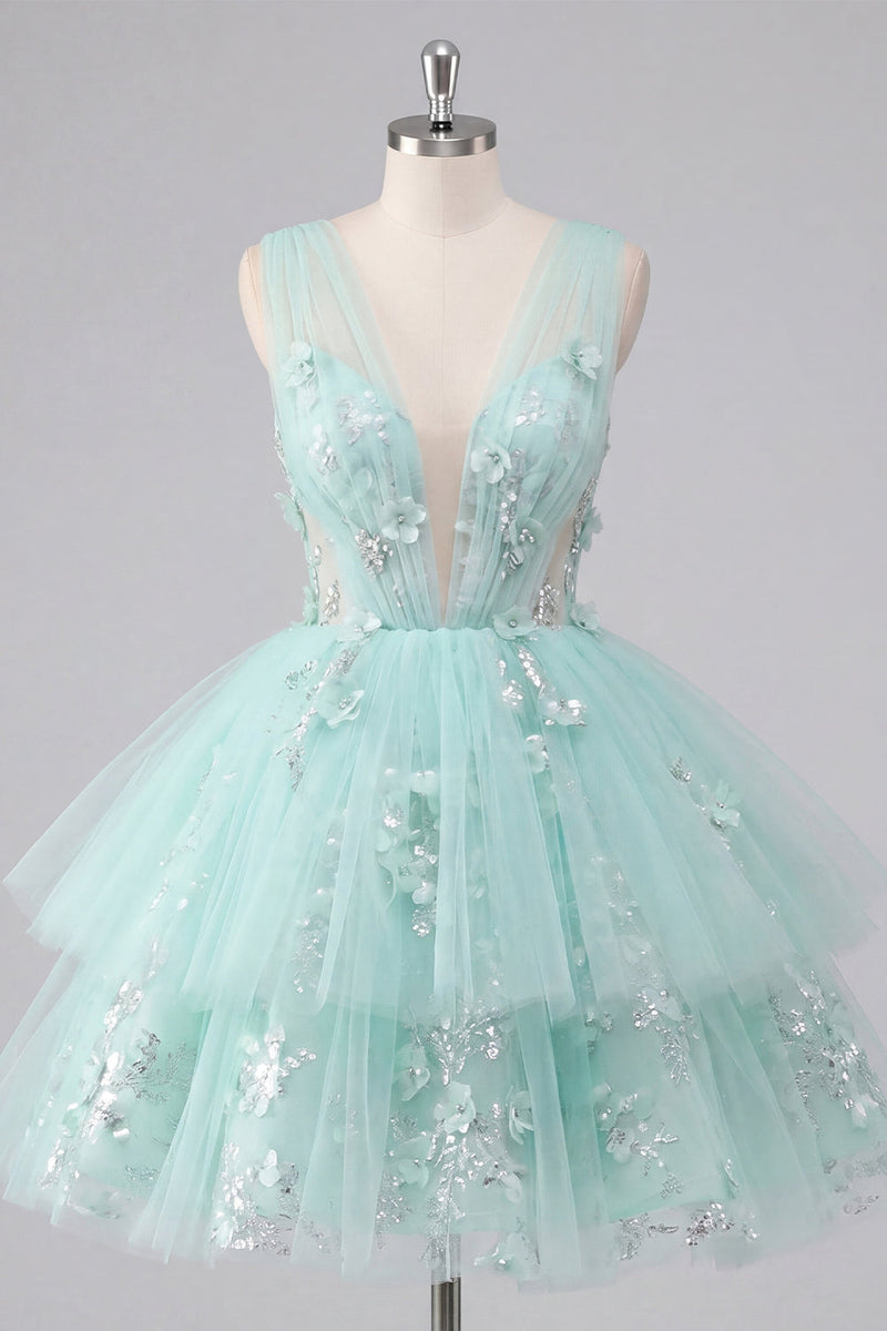 Laden Sie das Bild in den Galerie-Viewer, A-Linie Mint V-Ausschnitt Tüll Kurzes Abendkleid mit Blumenapplikation