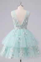 Laden Sie das Bild in den Galerie-Viewer, A-Linie Mint V-Ausschnitt Tüll Kurzes Abendkleid mit Blumenapplikation