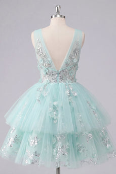 A-Linie Mint V-Ausschnitt Tüll Kurzes Abendkleid mit Blumenapplikation