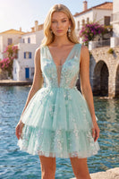 Laden Sie das Bild in den Galerie-Viewer, A-Linie Mint V-Ausschnitt Tüll Kurzes Abendkleid mit Blumenapplikation
