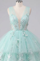 Laden Sie das Bild in den Galerie-Viewer, A-Linie Mint V-Ausschnitt Tüll Kurzes Abendkleid mit Blumenapplikation