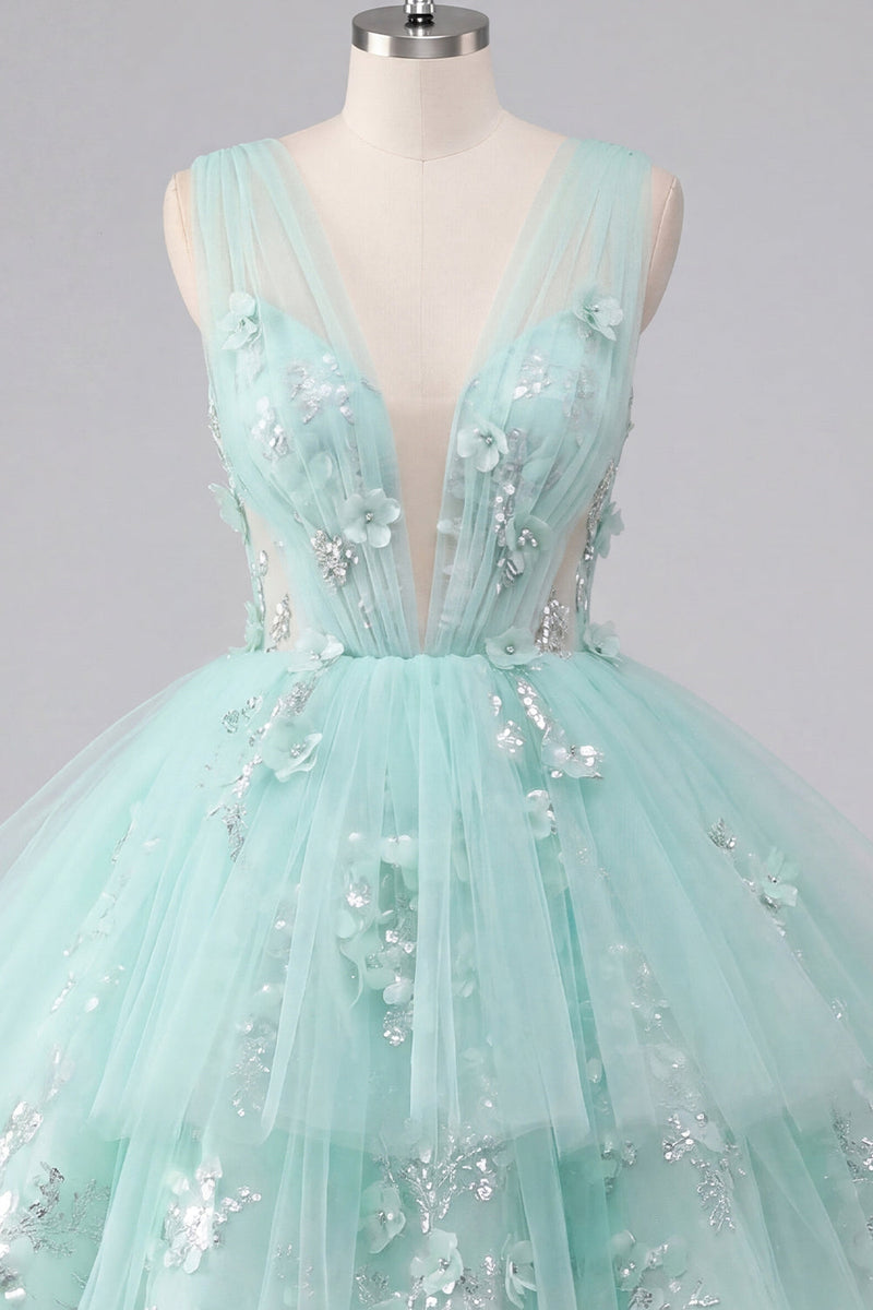 Laden Sie das Bild in den Galerie-Viewer, A-Linie Mint V-Ausschnitt Tüll Kurzes Abendkleid mit Blumenapplikation