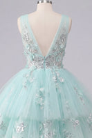 Laden Sie das Bild in den Galerie-Viewer, A-Linie Mint V-Ausschnitt Tüll Kurzes Abendkleid mit Blumenapplikation