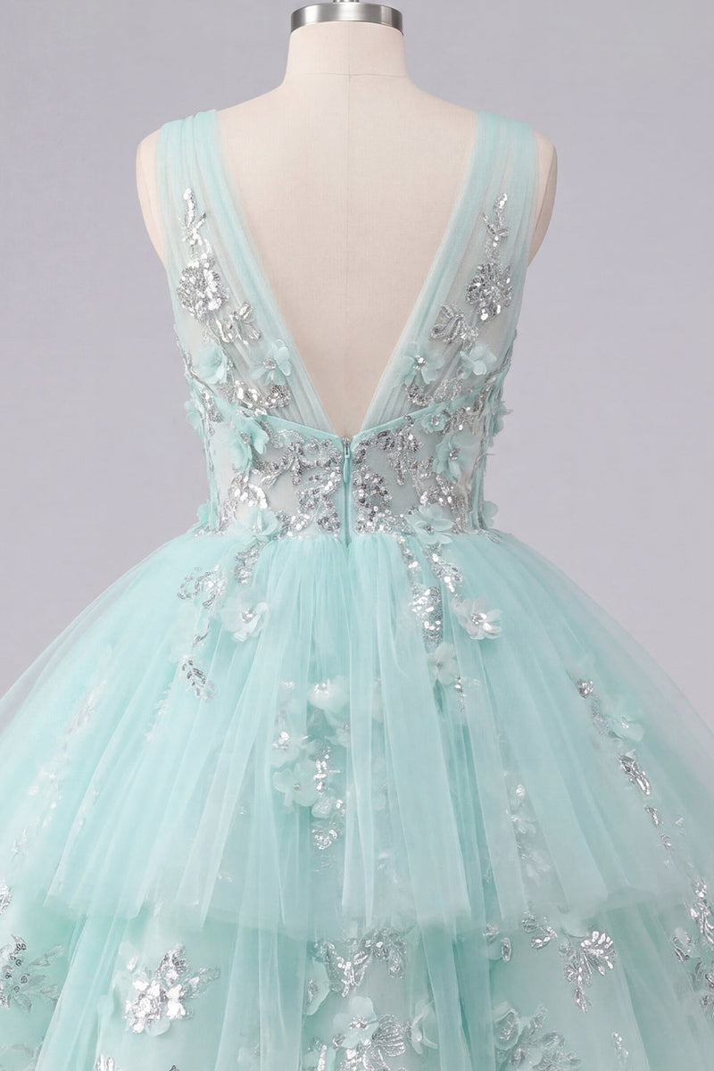 Laden Sie das Bild in den Galerie-Viewer, A-Linie Mint V-Ausschnitt Tüll Kurzes Abendkleid mit Blumenapplikation