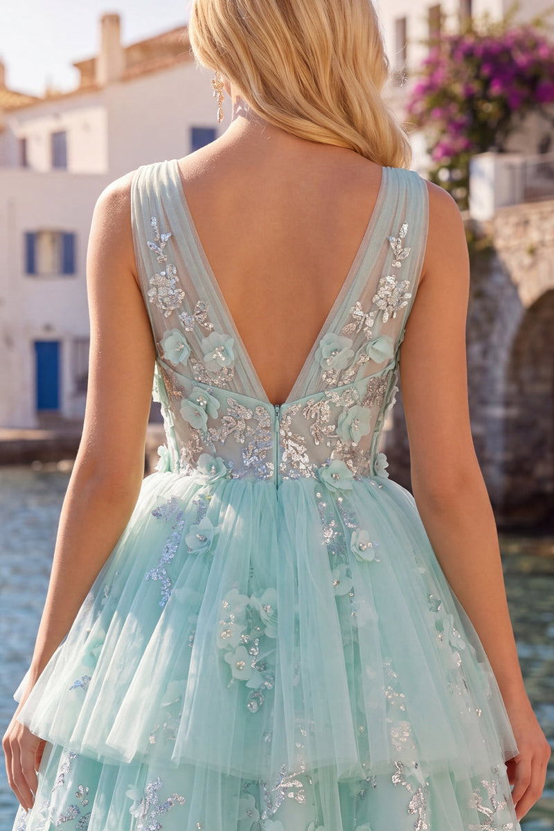Laden Sie das Bild in den Galerie-Viewer, A-Linie Mint V-Ausschnitt Tüll Kurzes Abendkleid mit Blumenapplikation