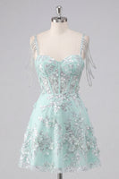 Laden Sie das Bild in den Galerie-Viewer, Off-the-shoulder A-Linie Korsett Mintfarbenes Blumen Applikiertes Kurzes Abendkleid