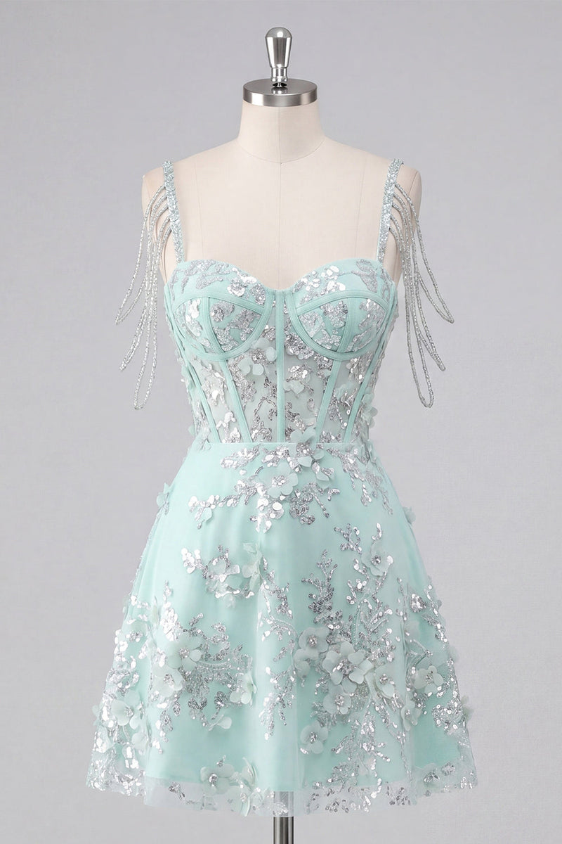 Laden Sie das Bild in den Galerie-Viewer, Off-the-shoulder A-Linie Korsett Mintfarbenes Blumen Applikiertes Kurzes Abendkleid