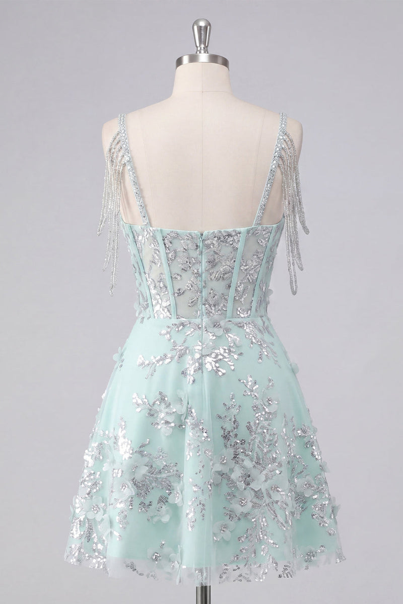 Laden Sie das Bild in den Galerie-Viewer, Off-the-shoulder A-Linie Korsett Mintfarbenes Blumen Applikiertes Kurzes Abendkleid