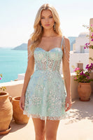 Laden Sie das Bild in den Galerie-Viewer, Off-the-shoulder A-Linie Korsett Mintfarbenes Blumen Applikiertes Kurzes Abendkleid