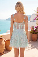 Laden Sie das Bild in den Galerie-Viewer, Off-the-shoulder A-Linie Korsett Mintfarbenes Blumen Applikiertes Kurzes Abendkleid