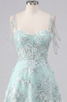 Laden Sie das Bild in den Galerie-Viewer, Off-the-shoulder A-Linie Korsett Mintfarbenes Blumen Applikiertes Kurzes Abendkleid