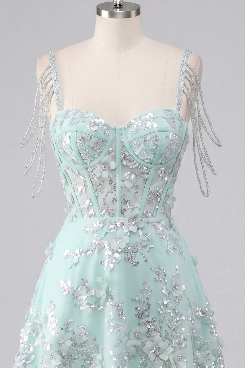 Laden Sie das Bild in den Galerie-Viewer, Off-the-shoulder A-Linie Korsett Mintfarbenes Blumen Applikiertes Kurzes Abendkleid