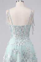 Laden Sie das Bild in den Galerie-Viewer, Off-the-shoulder A-Linie Korsett Mintfarbenes Blumen Applikiertes Kurzes Abendkleid