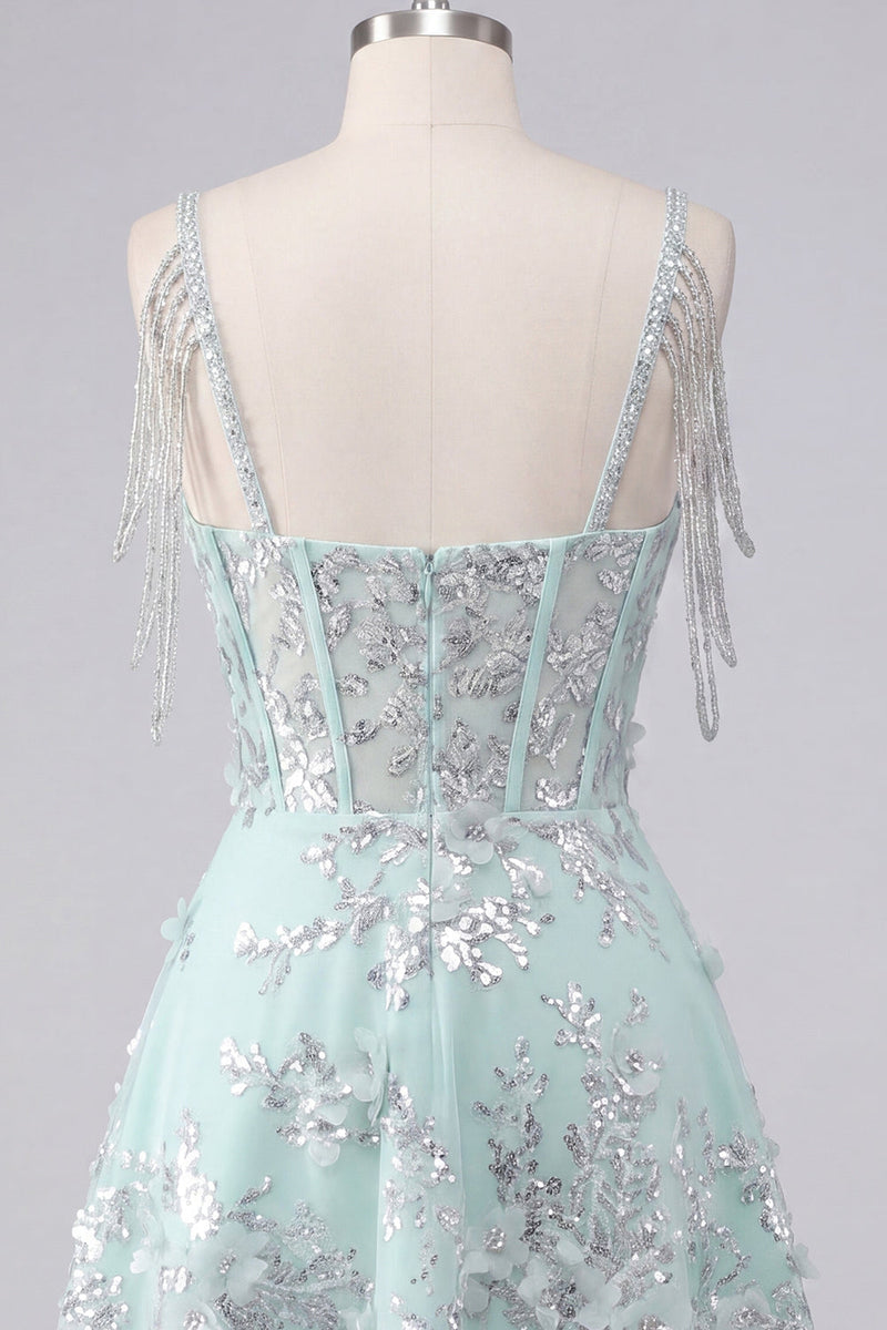 Laden Sie das Bild in den Galerie-Viewer, Off-the-shoulder A-Linie Korsett Mintfarbenes Blumen Applikiertes Kurzes Abendkleid