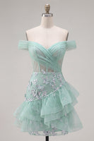 Laden Sie das Bild in den Galerie-Viewer, Schulterloses Mint Korsett Pailletten Kurzes Abendkleid mit Rüschen