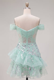 Schulterloses Mint Korsett Pailletten Kurzes Abendkleid mit Rüschen