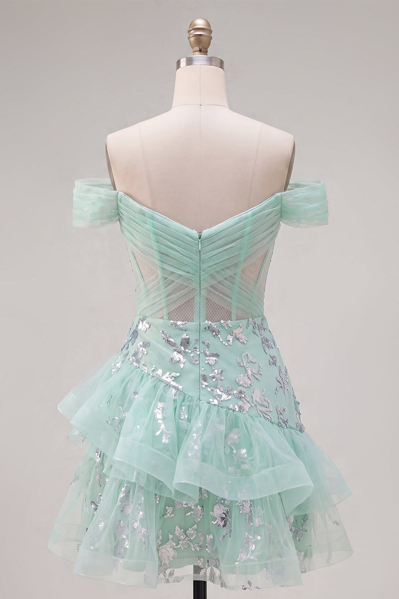 Laden Sie das Bild in den Galerie-Viewer, Schulterloses Mint Korsett Pailletten Kurzes Abendkleid mit Rüschen