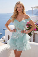Laden Sie das Bild in den Galerie-Viewer, Schulterloses Mint Korsett Pailletten Kurzes Abendkleid mit Rüschen