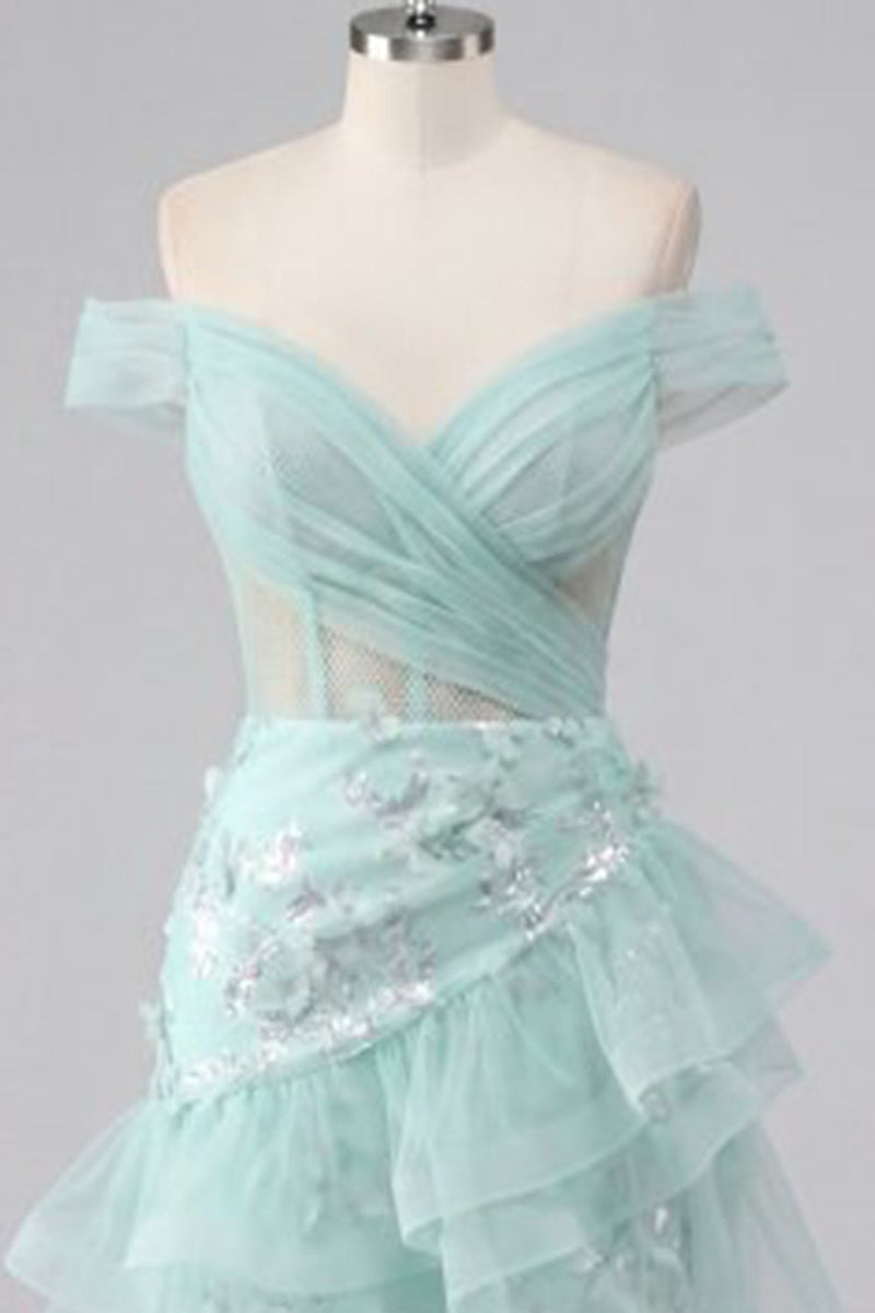 Laden Sie das Bild in den Galerie-Viewer, Schulterloses Mint Korsett Pailletten Kurzes Abendkleid mit Rüschen