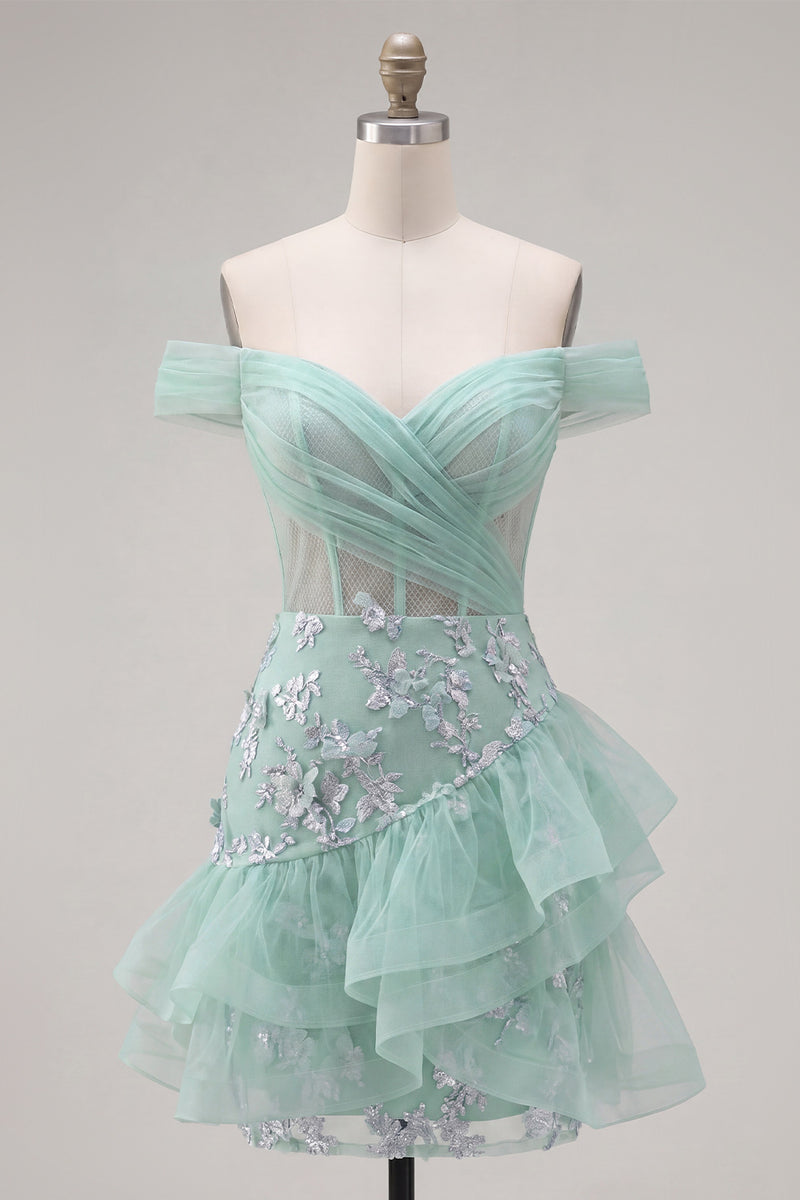 Laden Sie das Bild in den Galerie-Viewer, Schulterloses Mint Korsett Pailletten Kurzes Abendkleid mit Rüschen