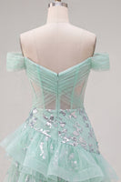 Laden Sie das Bild in den Galerie-Viewer, Schulterloses Mint Korsett Pailletten Kurzes Abendkleid mit Rüschen
