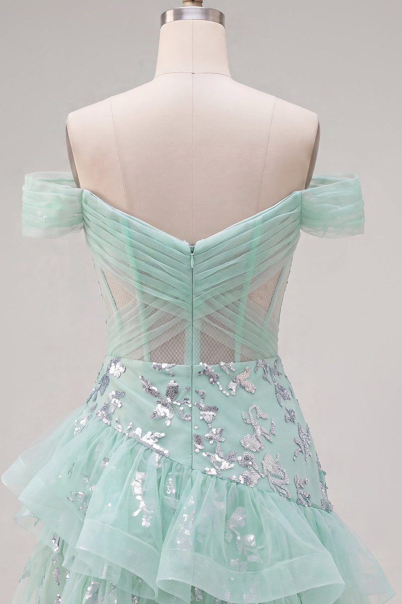 Laden Sie das Bild in den Galerie-Viewer, Schulterloses Mint Korsett Pailletten Kurzes Abendkleid mit Rüschen