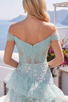 Laden Sie das Bild in den Galerie-Viewer, Schulterloses Mint Korsett Pailletten Kurzes Abendkleid mit Rüschen