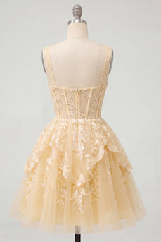 Buttergelbes V-Ausschnitt Korsett A-Linie Blumen Kurzes Abendkleid