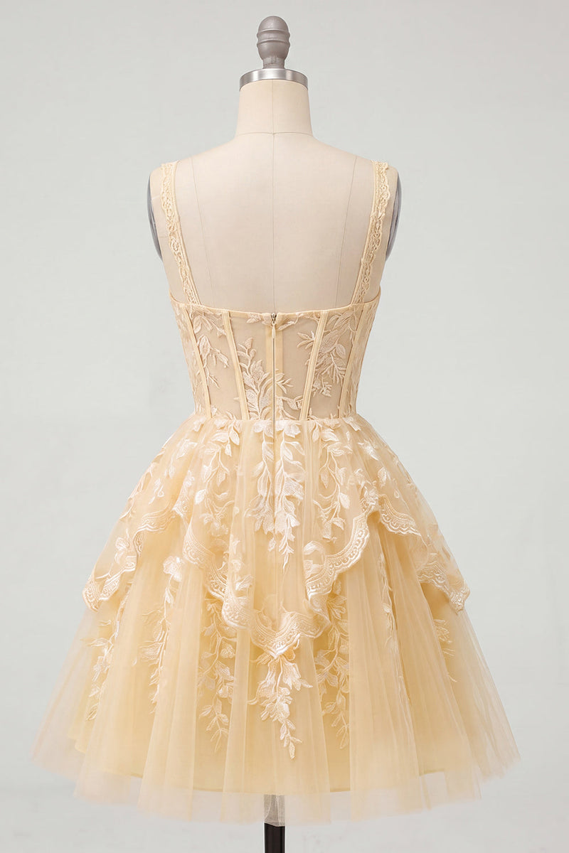 Laden Sie das Bild in den Galerie-Viewer, Buttergelbes V-Ausschnitt Korsett A-Linie Blumen Kurzes Abendkleid