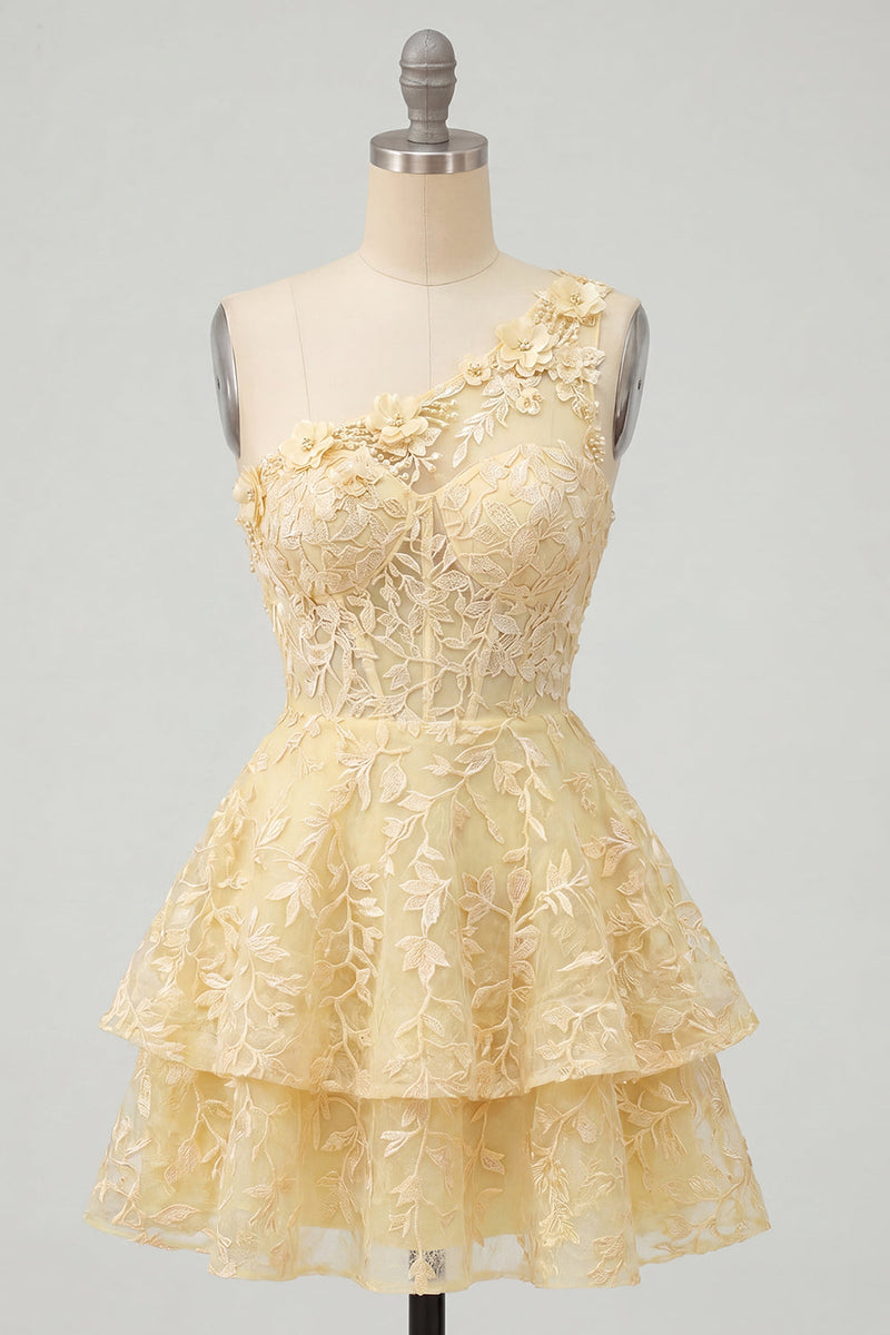 Laden Sie das Bild in den Galerie-Viewer, Buttergelbes Einschulter A-Linie Blumen Kurzes Abendkleid