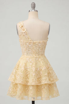 Buttergelbes Einschulter A-Linie Blumen Kurzes Abendkleid