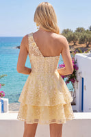 Laden Sie das Bild in den Galerie-Viewer, Buttergelbes Einschulter A-Linie Blumen Kurzes Abendkleid